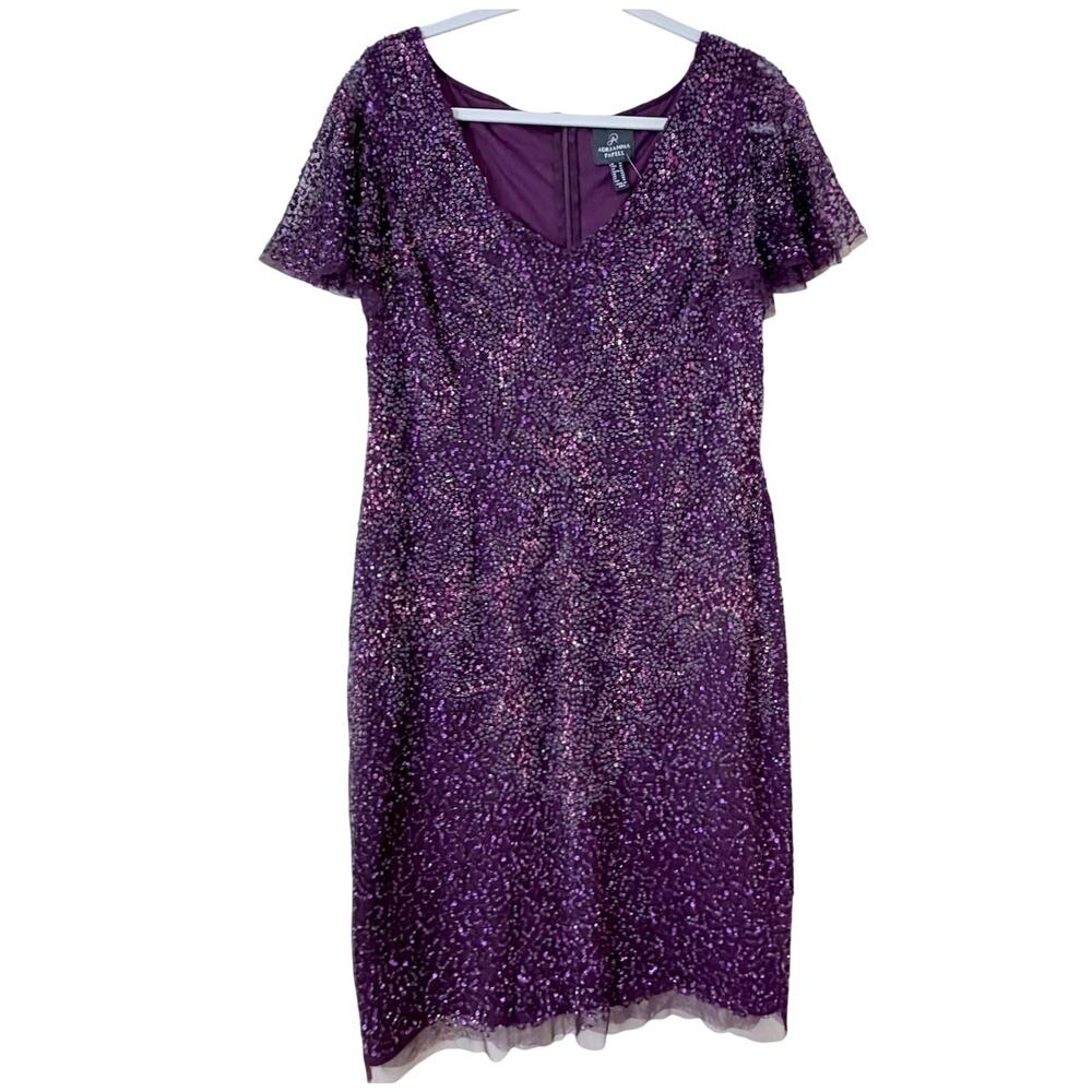 Adrianna Papell Flutter Sleeve Beaded Sequin Dress 14 NYE Glam Cocktail Coquette - Picture 3 of 11